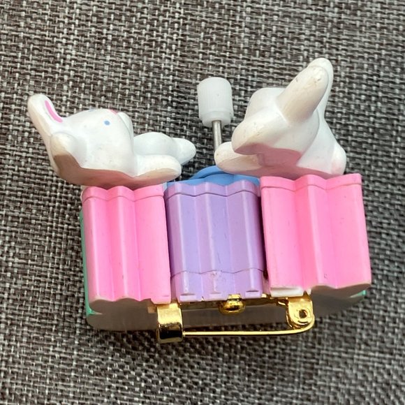 Easter Bunny Wind Up Seesaw Pin White Blue Pink Purple Green Tulips Retro Vintag - Picture 2 of 5